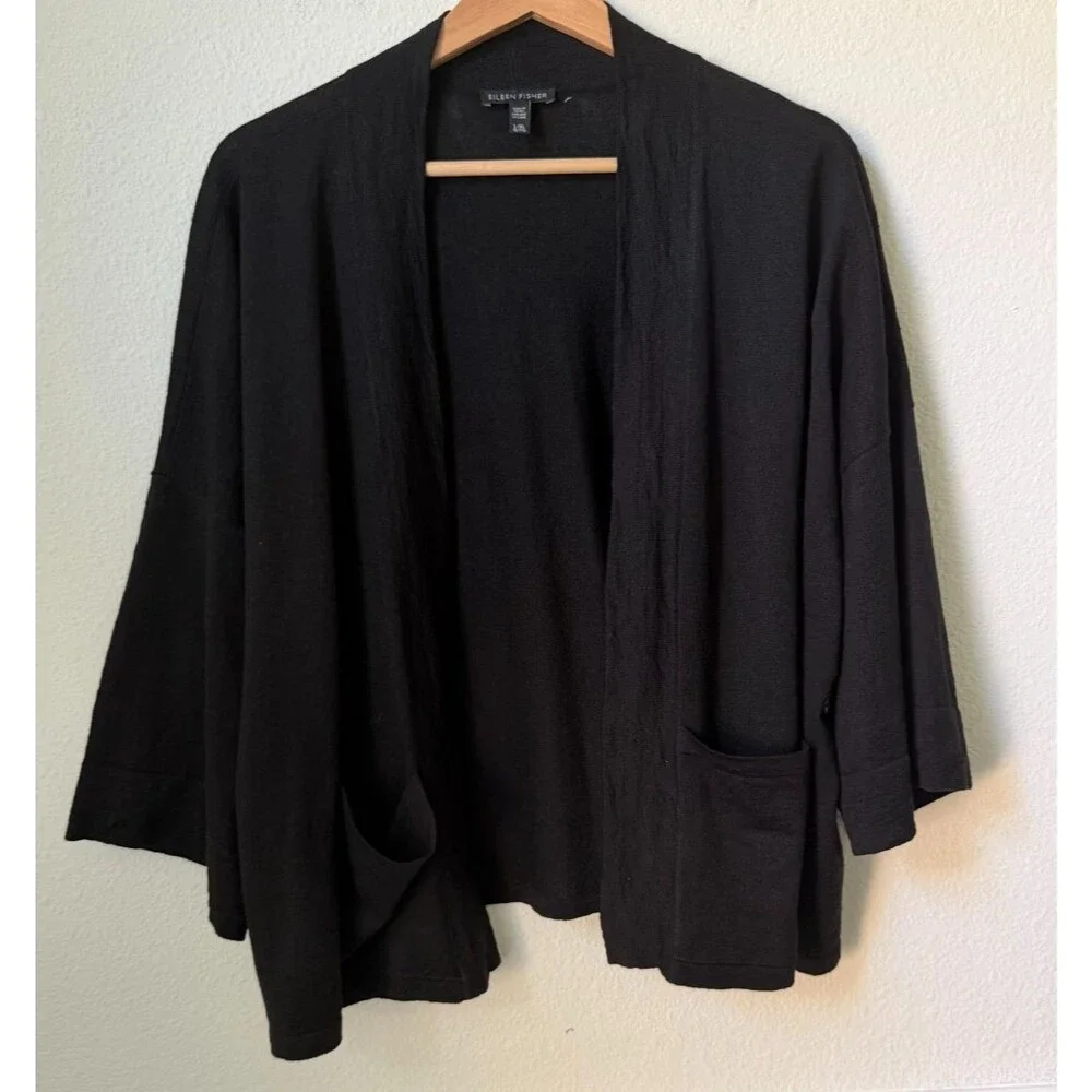 Eileen Fisher Sweater Womens L/XL Black Linen Blend Kimono Cardigan Open Pockets - Picture 1 of 6